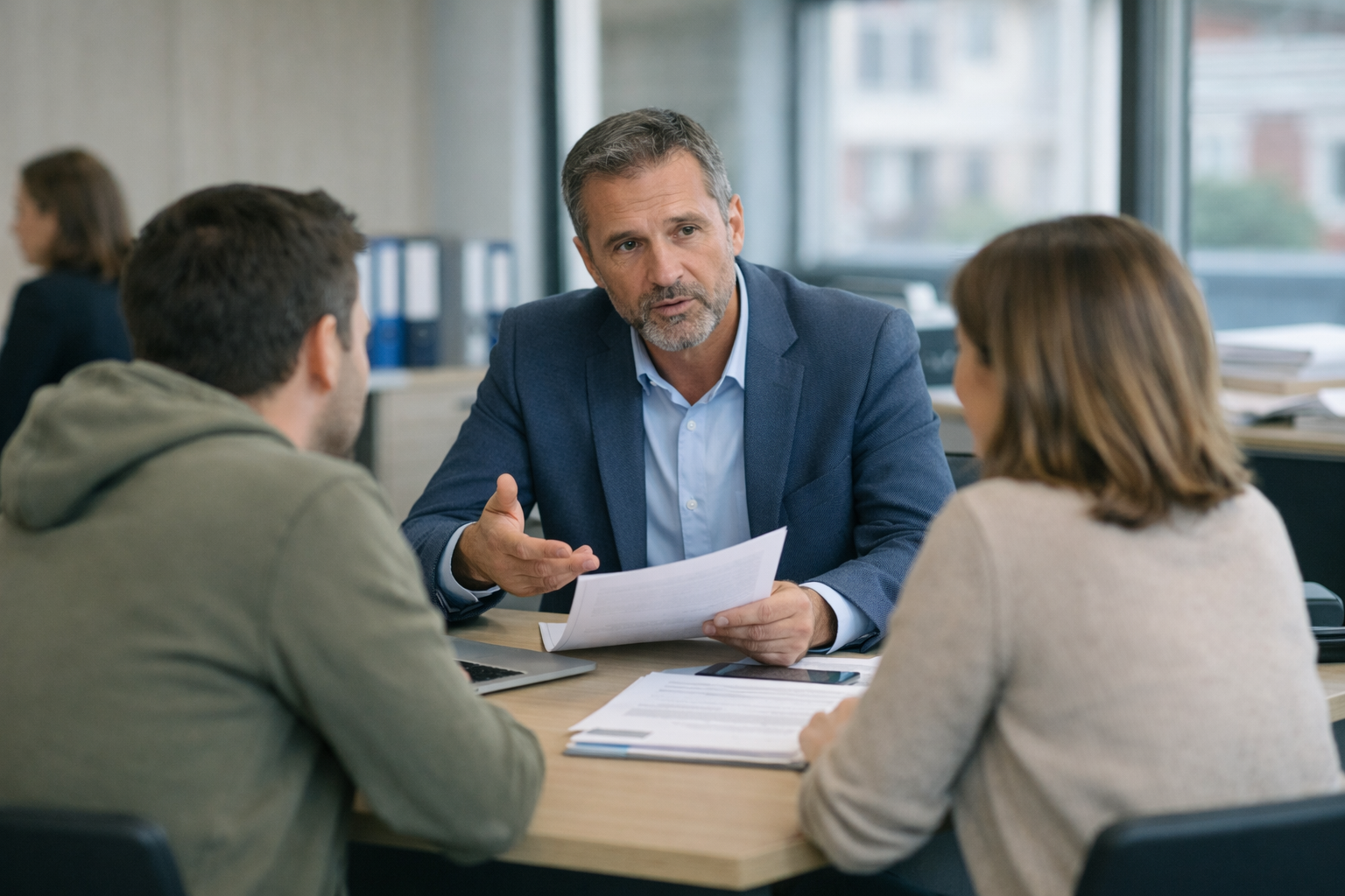 Conseiller en costume expliquant un contrat à un couple