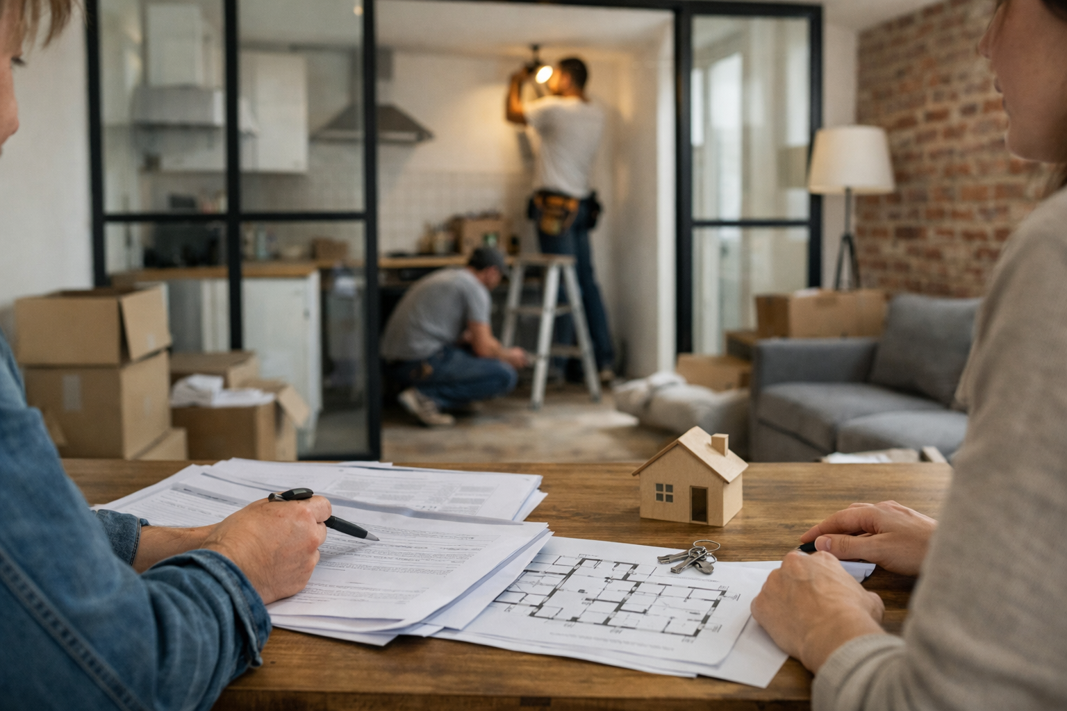 Mains tenant plans et maquette, ouvriers installant luminaire