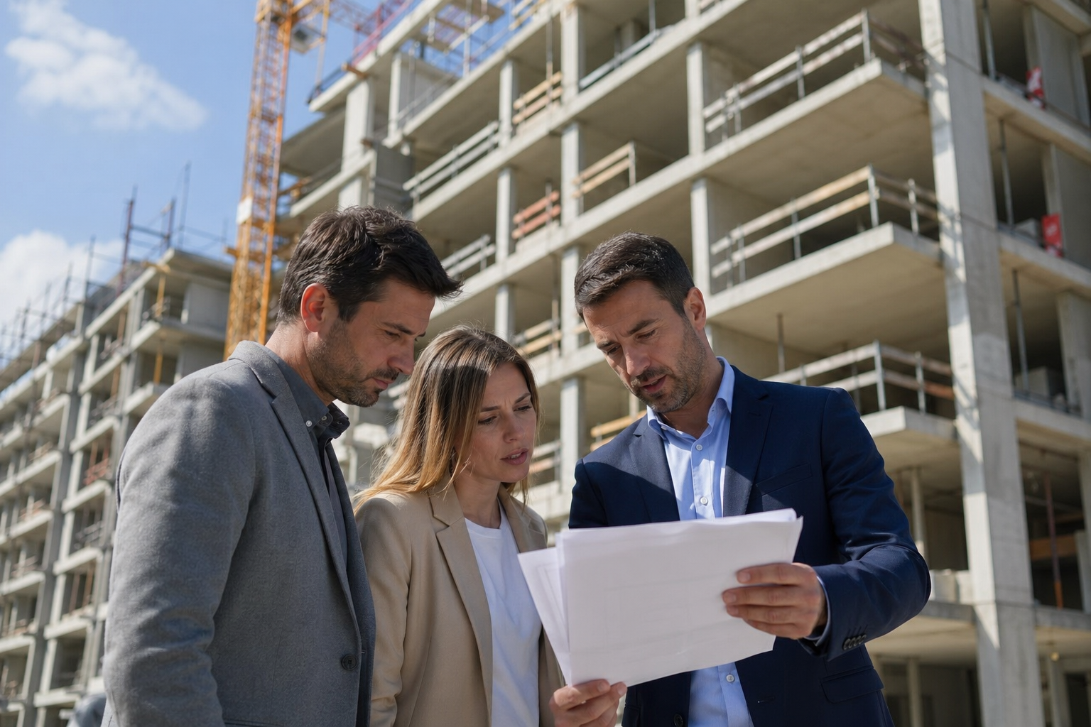 Trois personnes examinent des plans sur un chantier