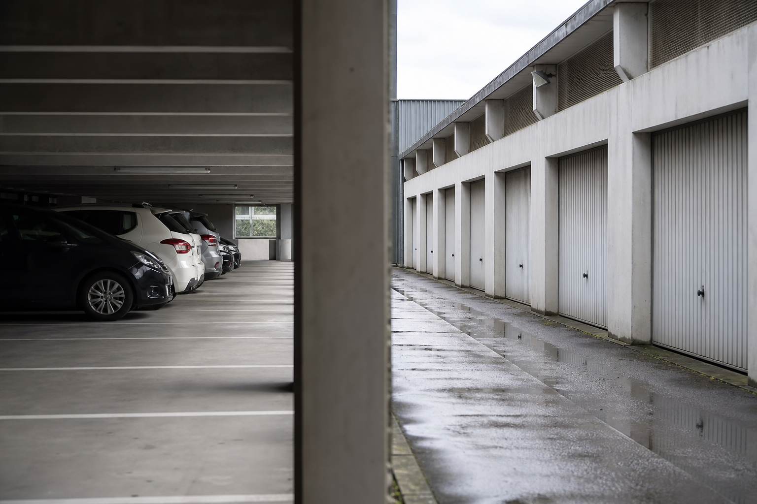 Allée de garages fermés et voitures stationnées