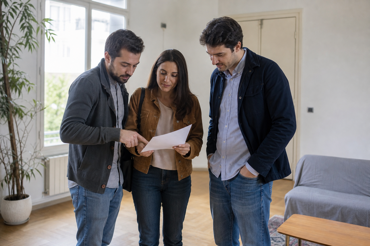 trois personnes regardant un document